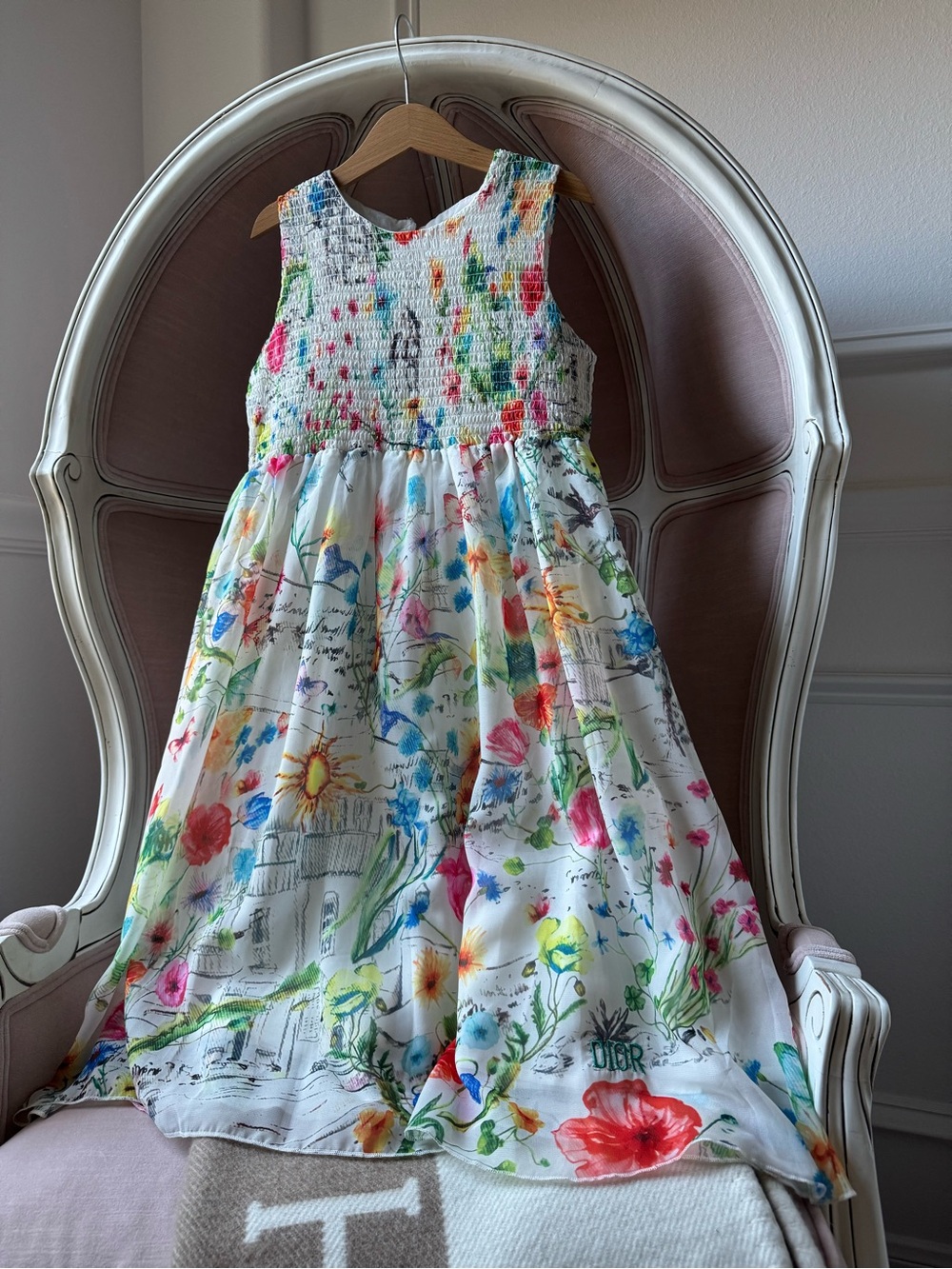Dior White Floral Sleeveless Smocked Bodice Maxi Dress